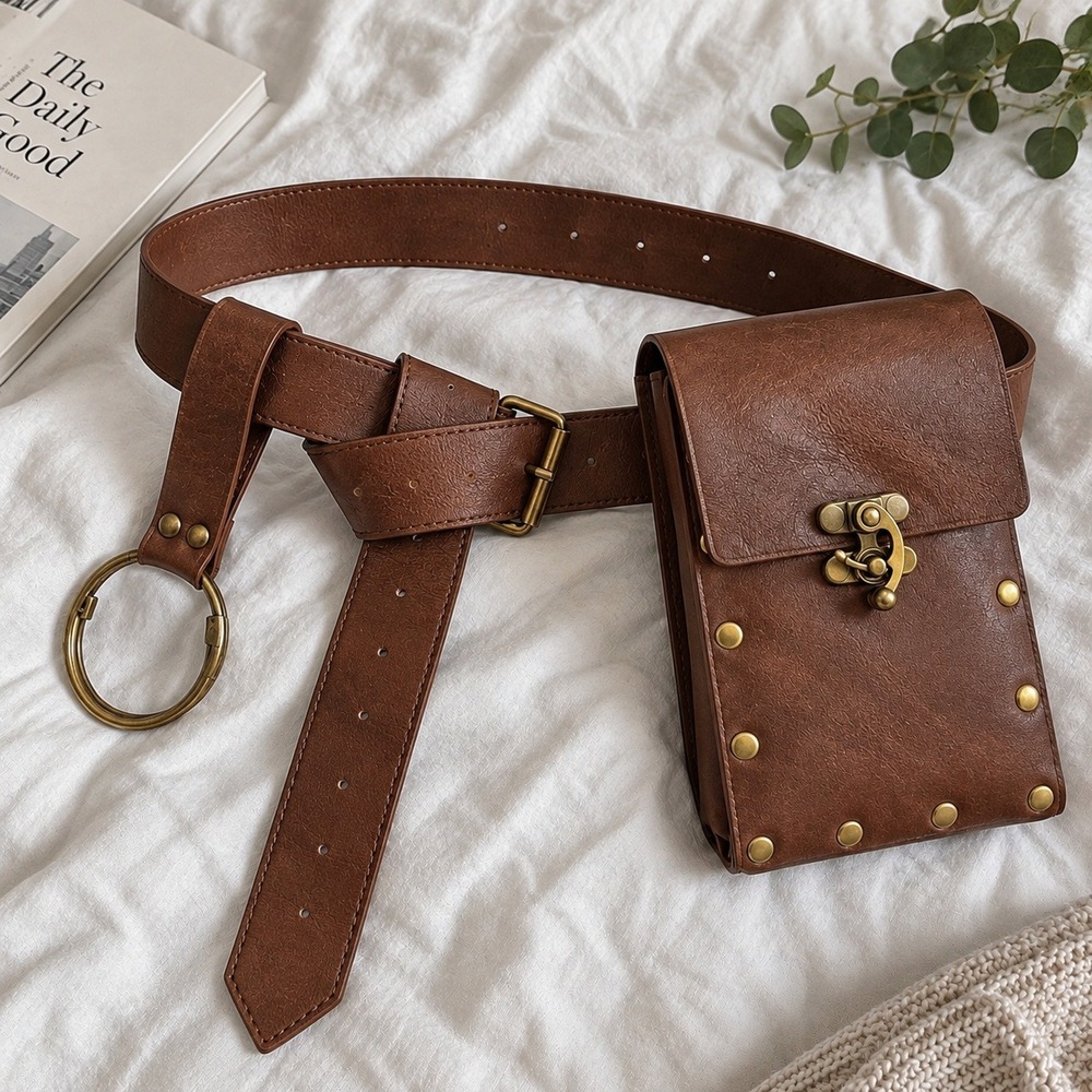 Brown Faux Leather Utility Belt Studded Pouch O-Ring Renaissance Steampunk